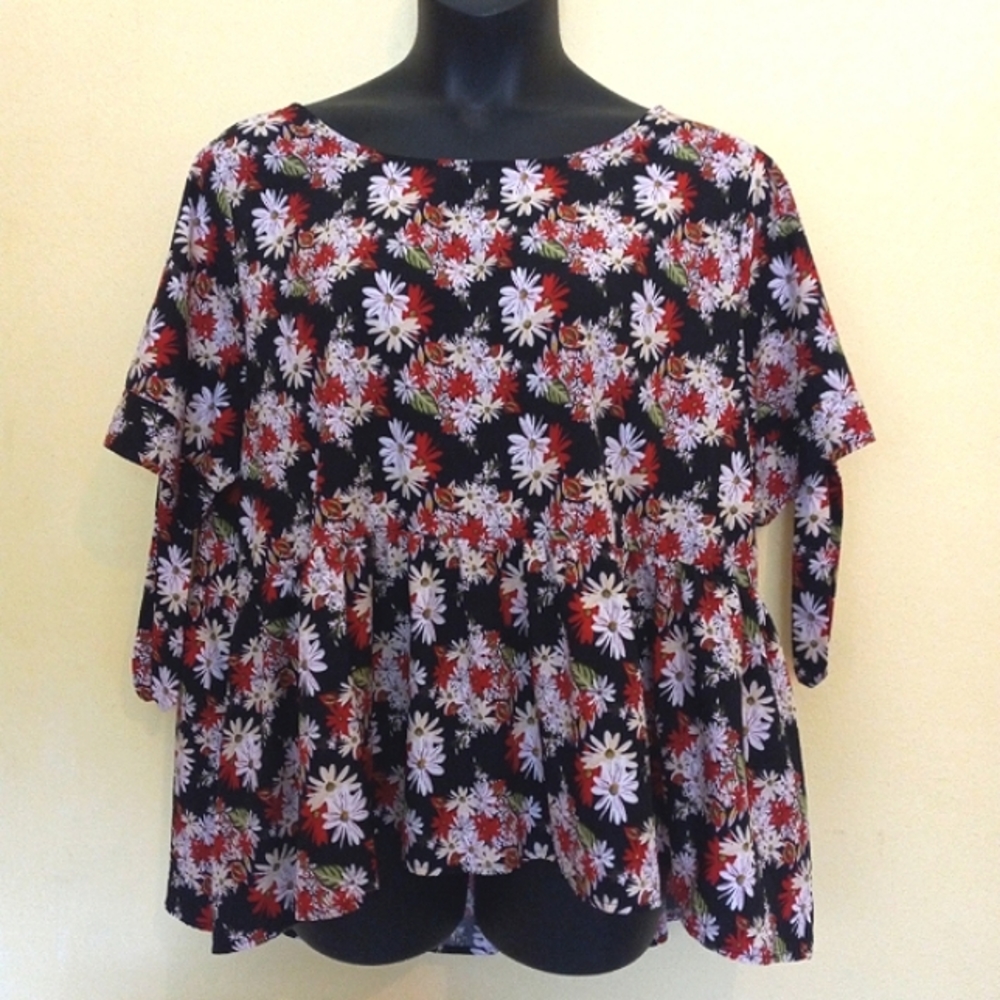 Floral Print Tie Cuff Peplum Blouse 3XL